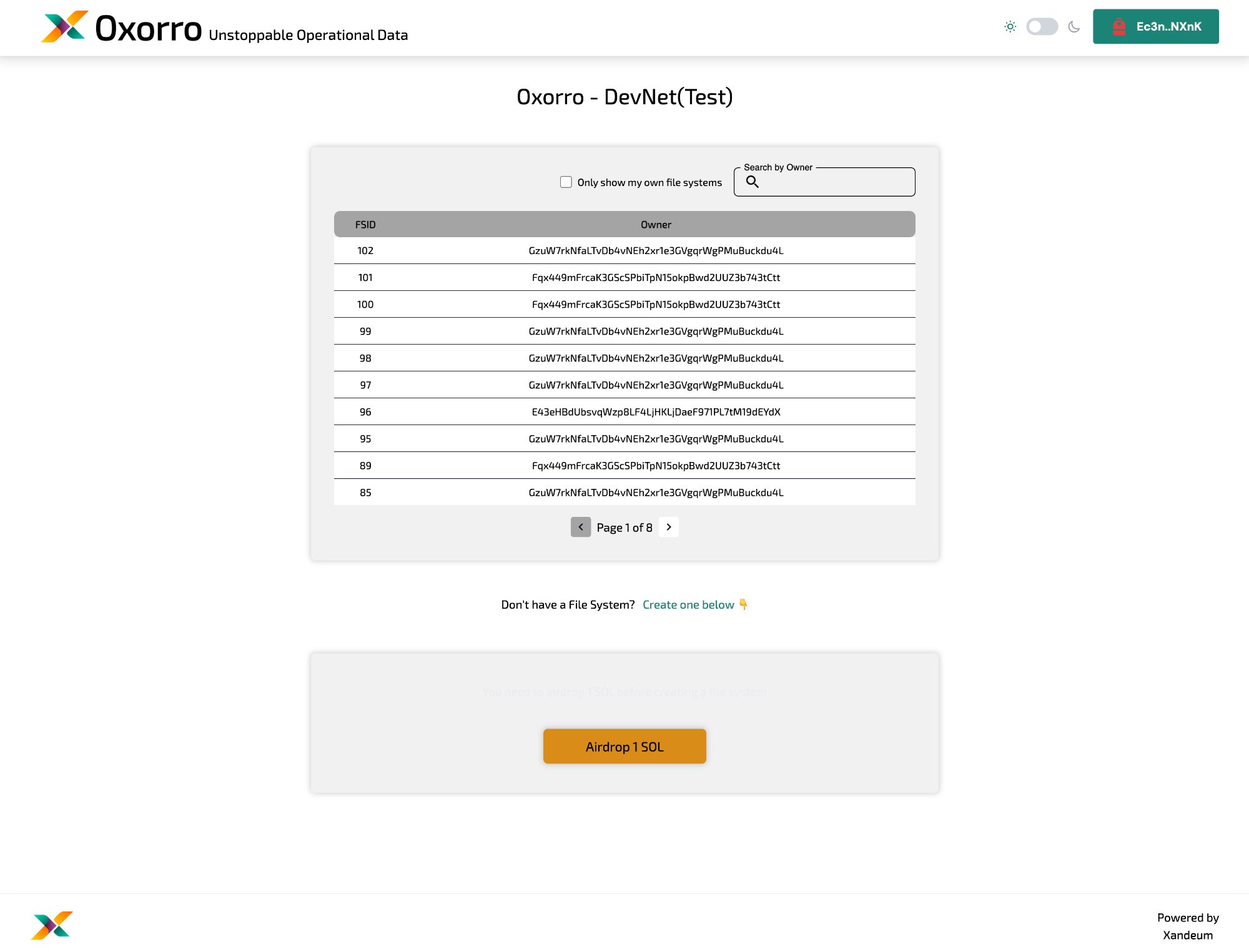 Oxorro dashboard — manage file systems with a clean, simple interface