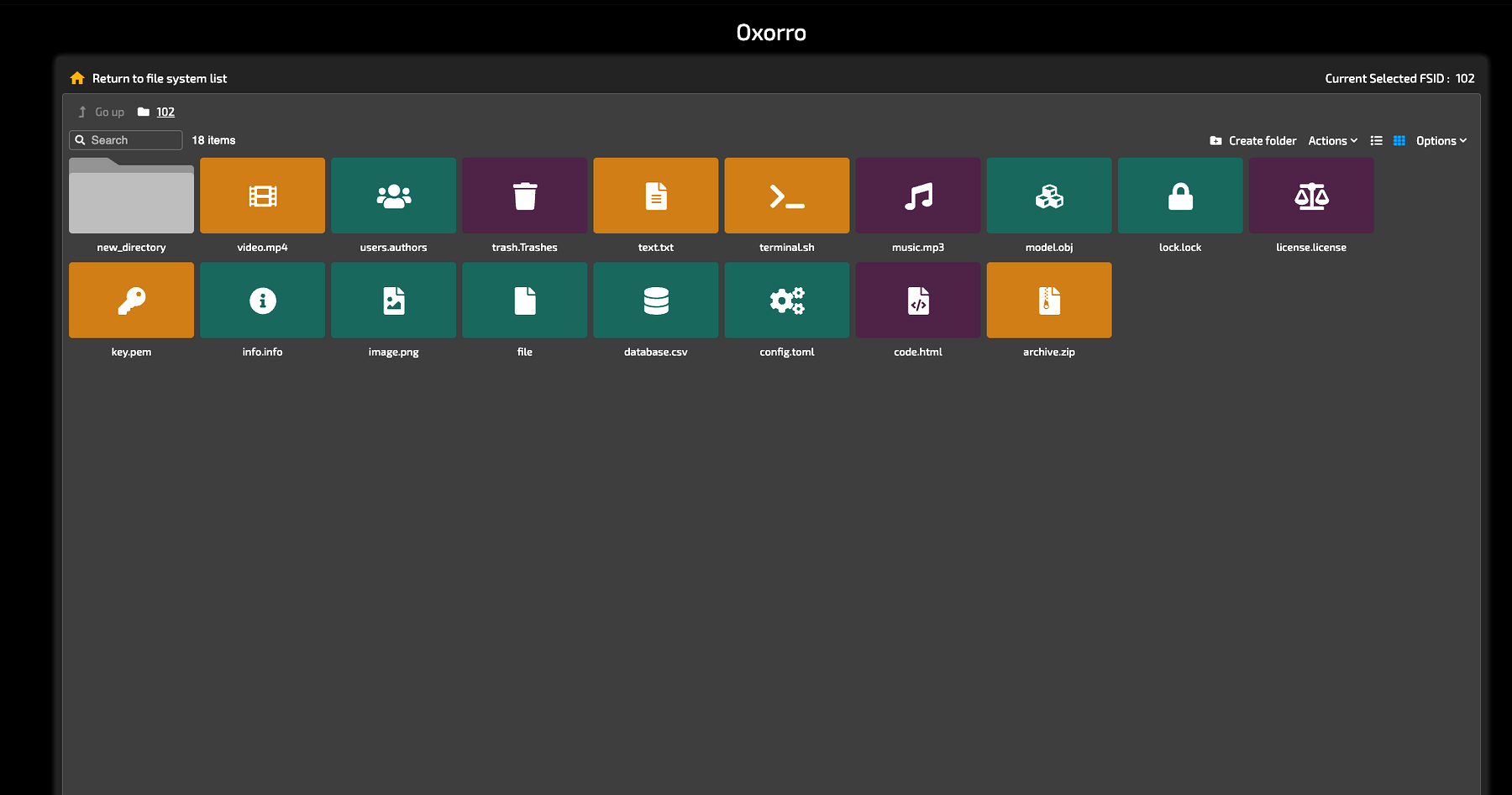 Oxorro file browser shown on a dark laptop display