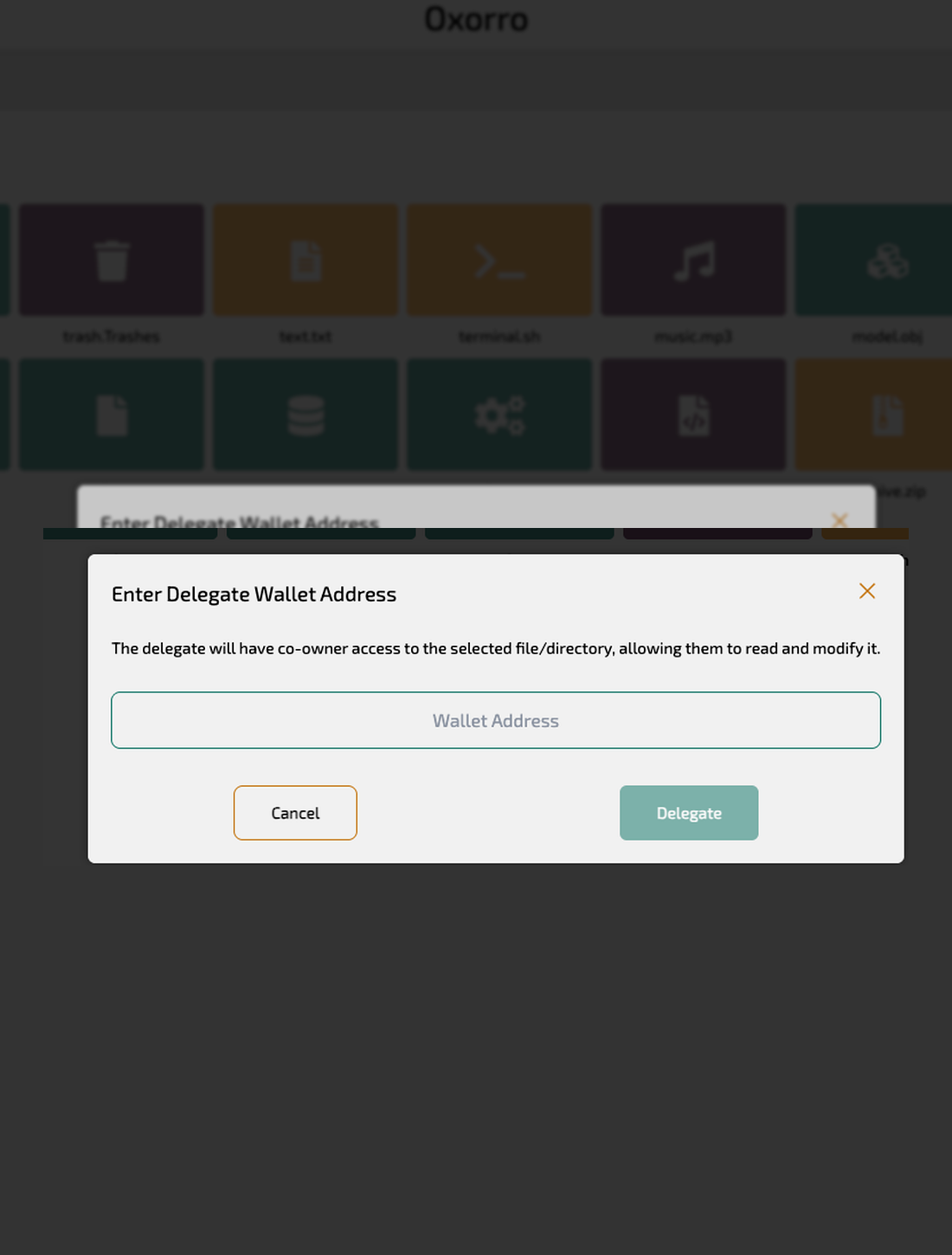 Oxorro delegated wallet access flow shown on a portrait tablet display