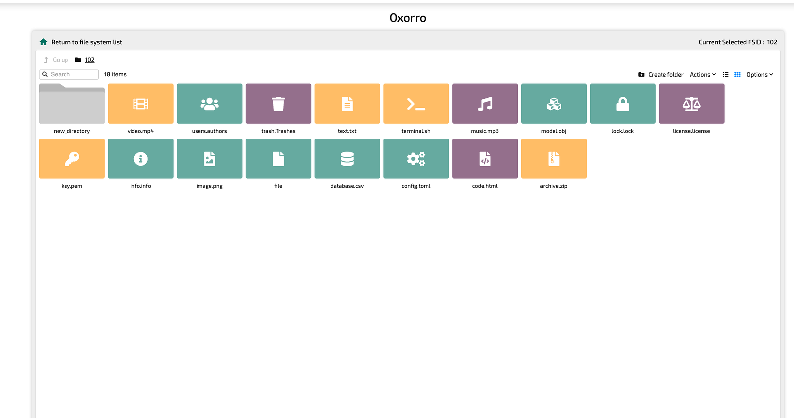 Oxorro file browser shown on a light tablet display